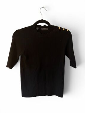 Saks Fifth Avenue Black Ribbed Sweater with Scalloped Neckline size XS